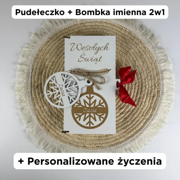 Pudełeczko prezentowe z życzeniami i bombką 2w1