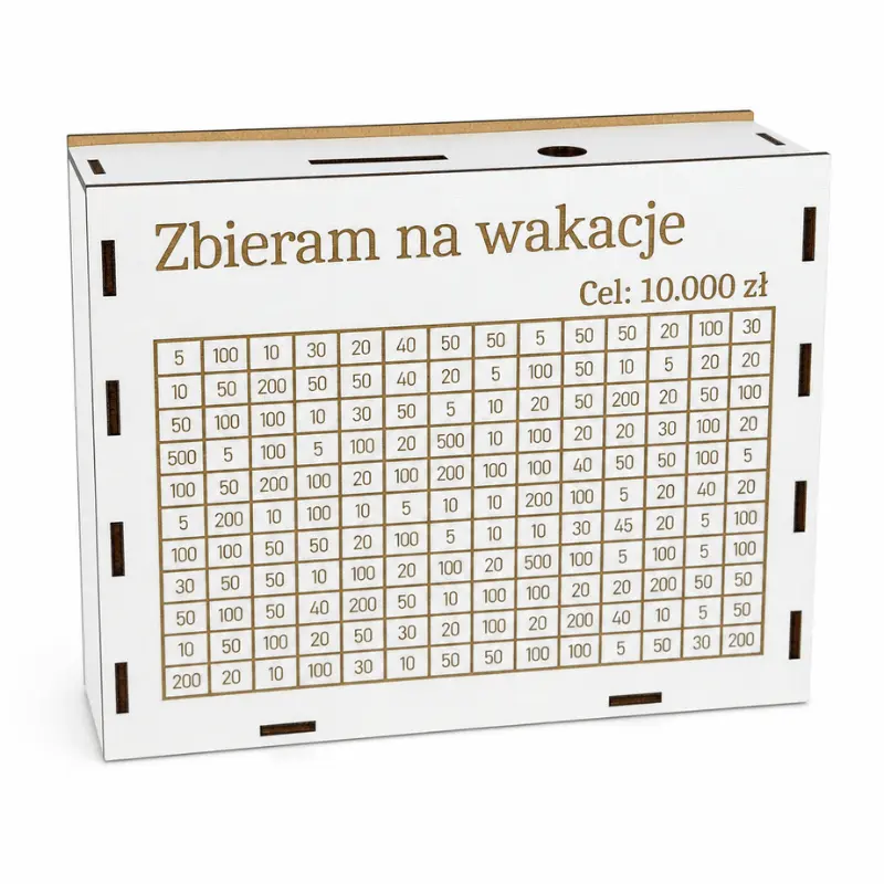 Personalizowana skarbonka wykreślanka z celem i&nbsp;tabelką do&nbsp;wykreślania
