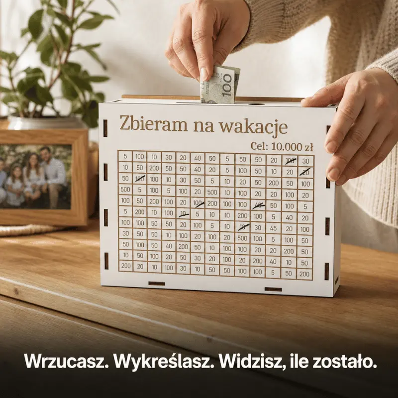 Skarbonka wykreślanka z&nbsp;wykreślonymi polami stoi na&nbsp;komodzie