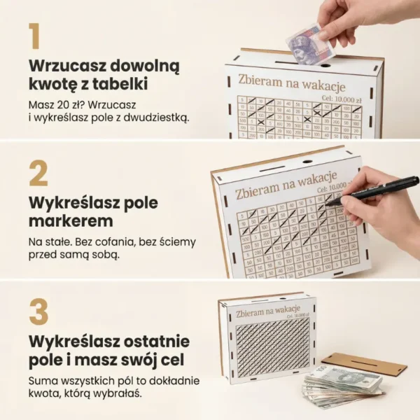 Skarbonka Wykreślanka z Twoim celem - odkładasz, wykreślasz, widzisz postęp